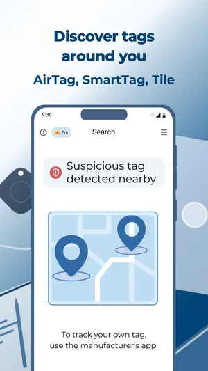 TFind on Android showing nearby AirTag, SmartTag and Tile trackers with a suspicious-tag alert