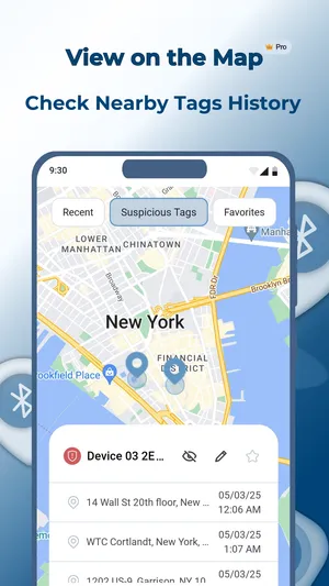 TFind on Android showing a map with the history of where nearby trackers were detected across different locations
