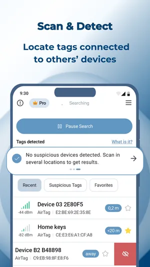 TFind on Android showing a scan list of detected trackers with signal strength in dBm and estimated distance